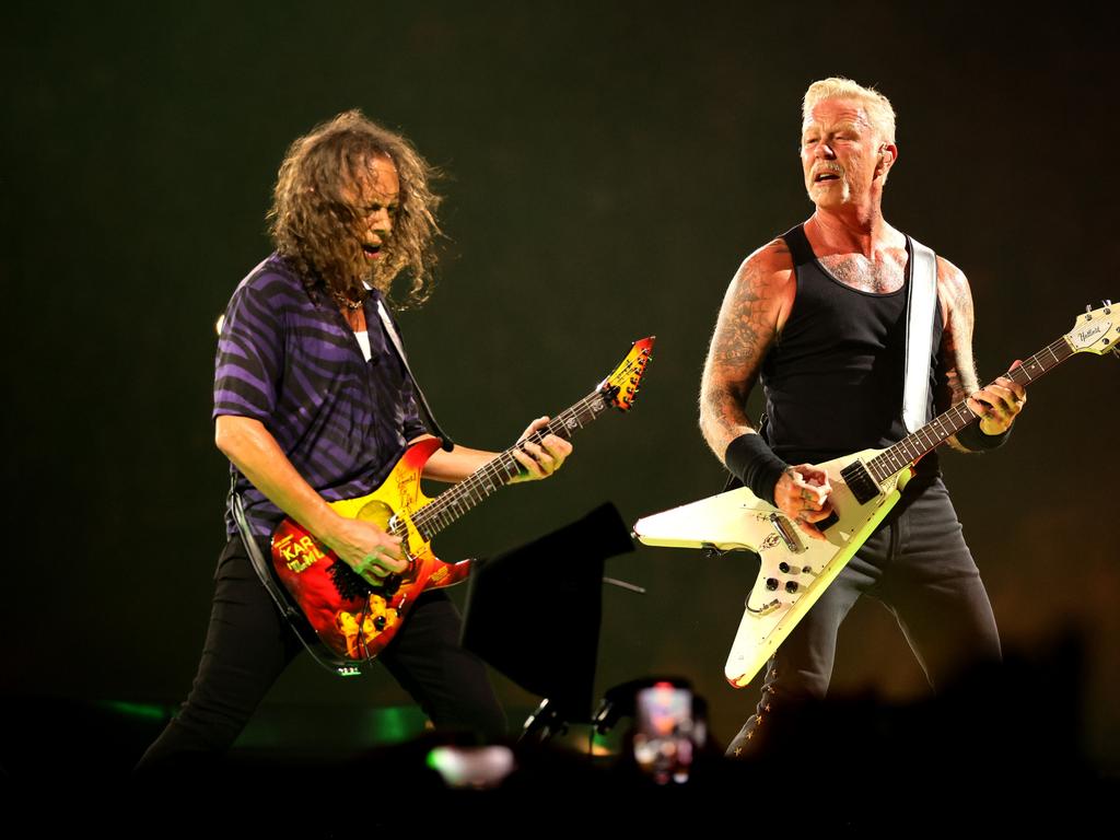 Kirk Hammett and James Hetfield of Metallica perform at MetLife Stadium in New Jersey, US. (Photo by Theo Wargo/Getty Images)