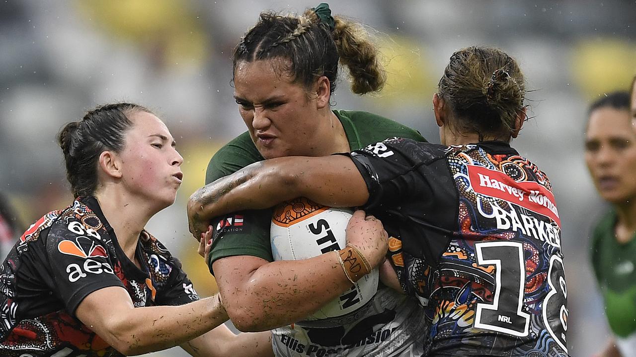 Moari All Stars’ Mya Hill-Moana charges into the defence. Picture: Getty Images