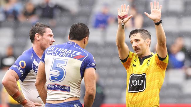 Dallin Watene-Zelezniak (No.5) was sent to the sin bin for his high shot on Nathan Cleary. Picture: Getty Images