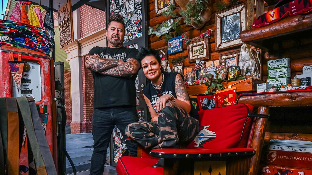 The Superjesus original members Sarah McLeod and Stuart Rudd back above Adelaide’s Midwest Trader where they rehearsed in the 90s before launching their career. Picture: NCA NewsWire / Naomi Jellicoe