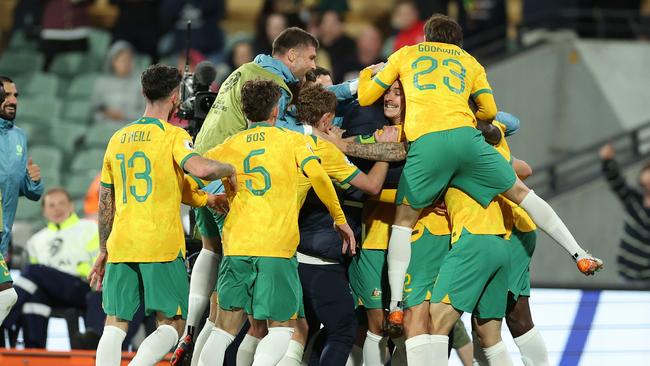 ADELAIDE, AUSTRALIA - OCTOBER 10: Nishan Velupillay of the Socceroos celebrates after scoring a goal during the third round FIFA World Cup 2026 Qualifier match between Australia Socceroos and China PR at Adelaide Oval on October 10, 2024 in Adelaide, Australia. (Photo by Robert Cianflone/Getty Images)