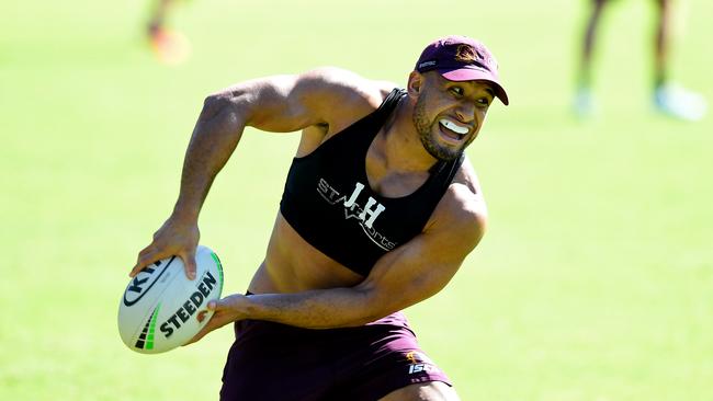 Jamil Hopoate during training with the Brisbane Broncos. Picture: Bradley Kanaris/Getty Images