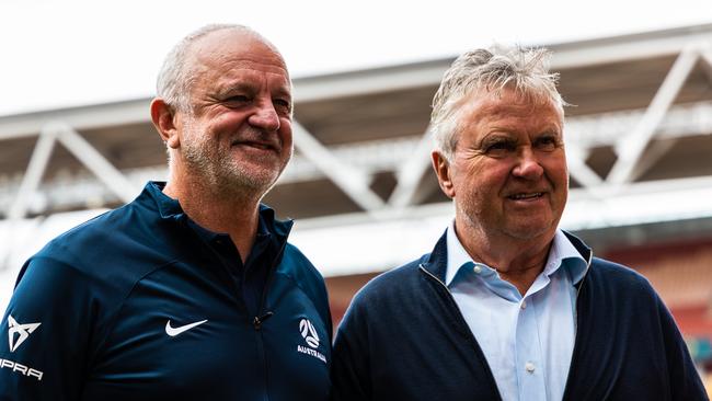 Current and former Socceroos managers Graham Arnold and Guus Hiddink. Picture: FFA