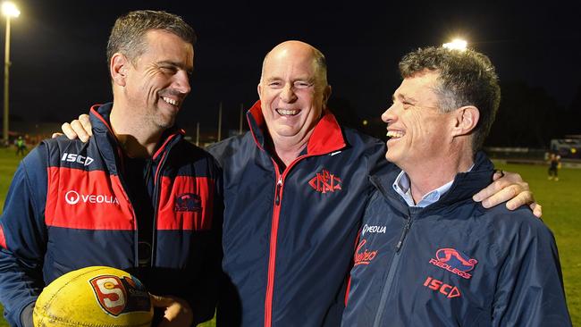 Norwood coach Jarrod Cotton and CEO James Fantasia with Phil Smyth (centre) at the Parade. Picture: Tom Huntley