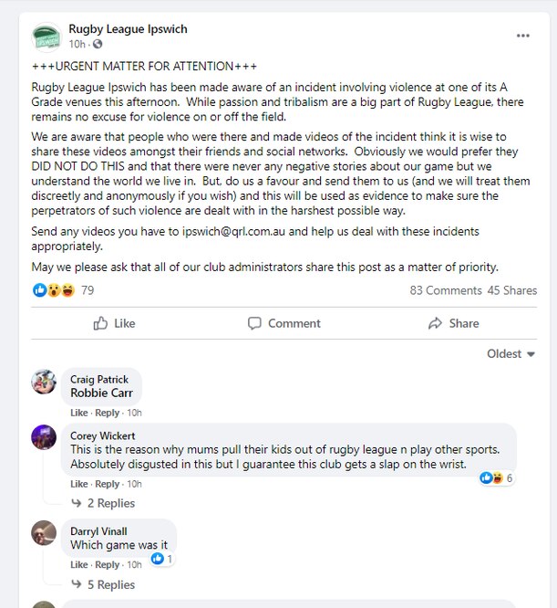 A statement posted by the Rugby League Ipswich Facebook page.