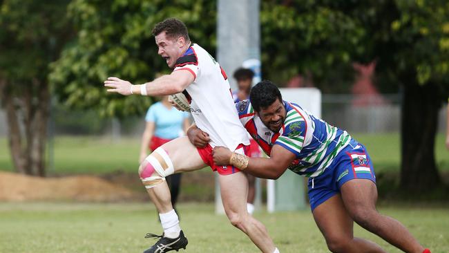 Ivanhoe’s Dallas Skardon is brought down by Innisfail's Lata Fakalelu in the Cairns and District Rugby League (CDRL) match between the Ivanhoe Knights and the Innisfail Brothers, held at the Smithfield Sports Complex. PICTURE: BRENDAN RADKE