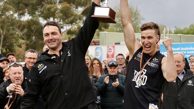 Port District coach Josh Ramsey celebrates his side's 2024 D1 premiership. Picture: Adelaide Footy League