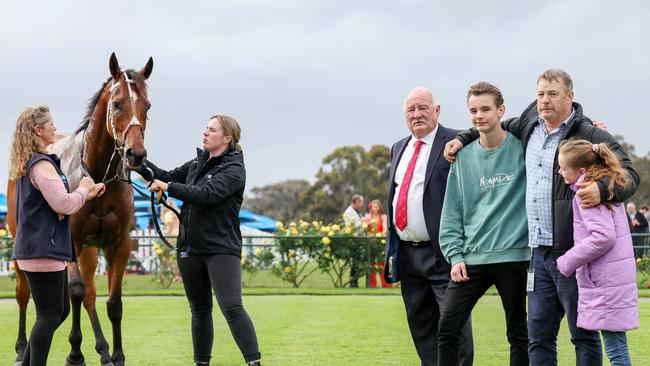 Connections of The Talking Toff after winning the Big Al's Water BM70 Handicap at Bendigo Racecourse on October 26. Picture: Getty Images / George Sal/Racing Photos