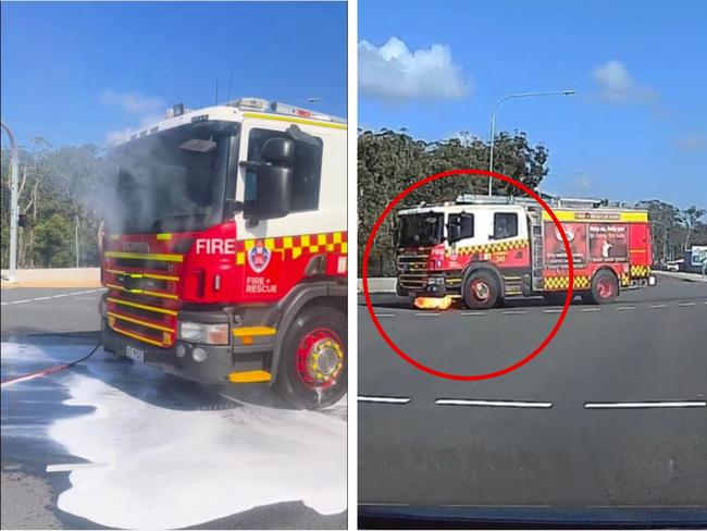 Moment fire truck catches fire on way to job