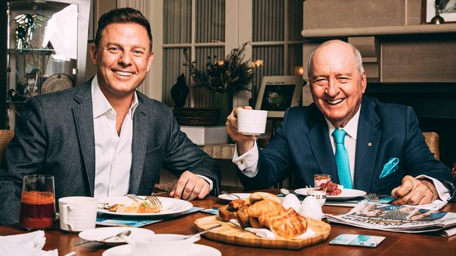 Ben Fordham and Alan Jones talk tips ahead of Jones’ final breakfast broadcast. Picture: Jonathan Ng