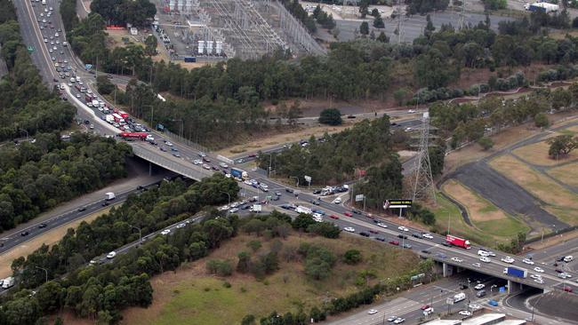 Sydney’s evening peak hour traffic at the intersection of the M4, Homebush Bay Dr and Parramatta Rd at Homebush.