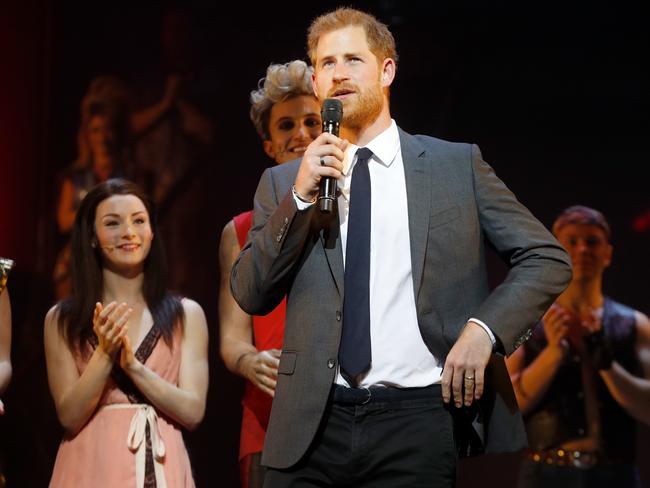 Prince Harry, Duke Of Sussex addresses the audience on stage on behalf of the Invictus Games Foundation, during a gala performance of Bat Out Of Hell — The Musical. Picture: Getty