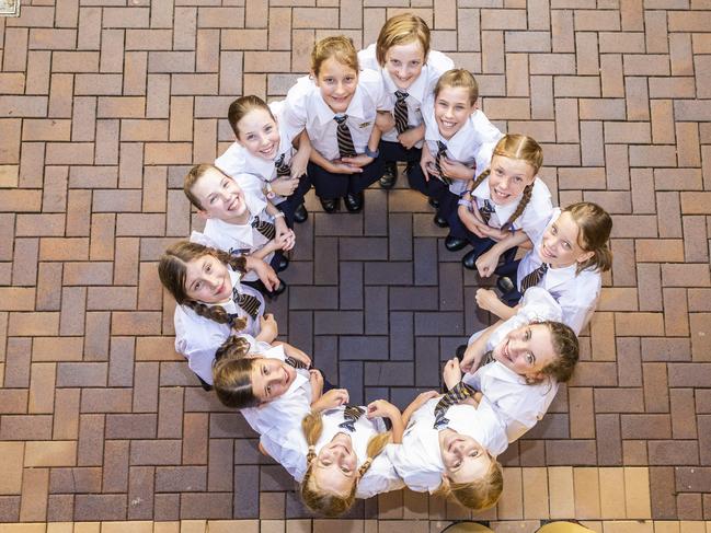 Mt St Michaels College in Ashogrove has six set of twins (clockwise from top) Abigail and Zoe Cooper, Hannah and Paige Mines, Amelia and Mikaela Puxty, Poppy and Meg Muirhead, Sophia and Rose Scarcella, and Ingrid and Louise Tanwan, Wednesday, January 29, 2020 (AAP Image/Richard Walker)