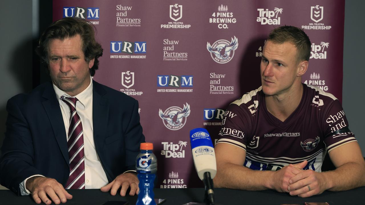 SYDNEY, AUSTRALIA - MAY 23: Manly coach Des Hasler and Daly Cherry-Evans speak during the after match press conference in the round 11 NRL match between the Parramatta Eels and the Manly Sea Eagles at Bankwest Stadium, on May 23, 2021, in Sydney, Australia. (Photo by Mark Evans/Getty Images)