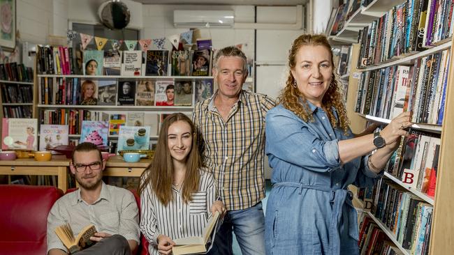 Nobby Beach Books owner Leah May will have to close the business, which has operated 47 years, if a new owner can’t be found. Heith Mineur, Juliet May, John May and Leah May. Picture: Jerad Williams