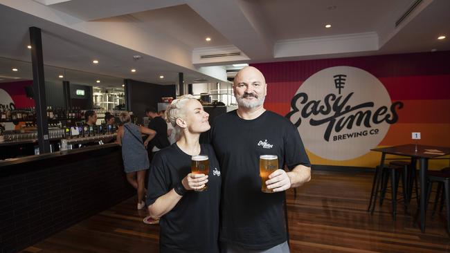 Owners David Ferguson and Anita Boettger posing at Easy Times Brewing Co, 20 Logan Rd, Woolloongabba, Brisbane, 22nd of October 2020. (News Corp/Attila Csaszar)