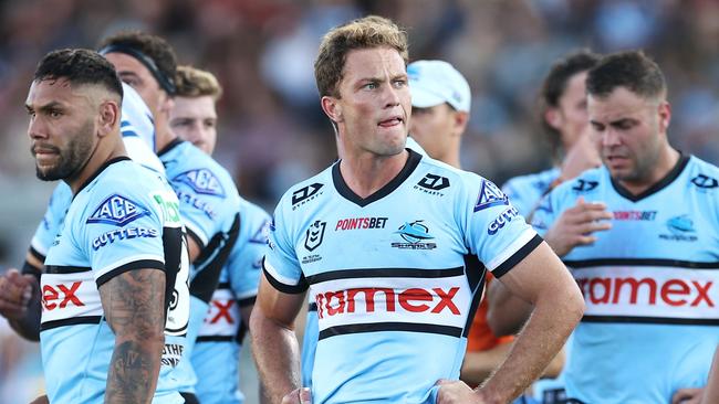 COFFS HARBOUR, AUSTRALIA - JUNE 18:  Matt Moylan of the Sharks and his team look dejected during the round 15 NRL match between the Cronulla Sharks and the Gold Coast Titans at , on June 18, 2022, in Coffs Harbour, Australia. (Photo by Mark Kolbe/Getty Images)