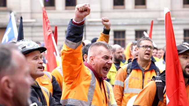 CFMEU members protest about Cross River Rail work sites in Brisbane on Wednesday. Picture: Steve Pohlner