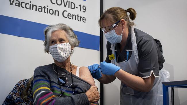 Doreen Brown receives the Pfizer/BioNTech COVID-19 vaccine jabs at Guy's Hospital in London earlier this week. Picture: Getty Images