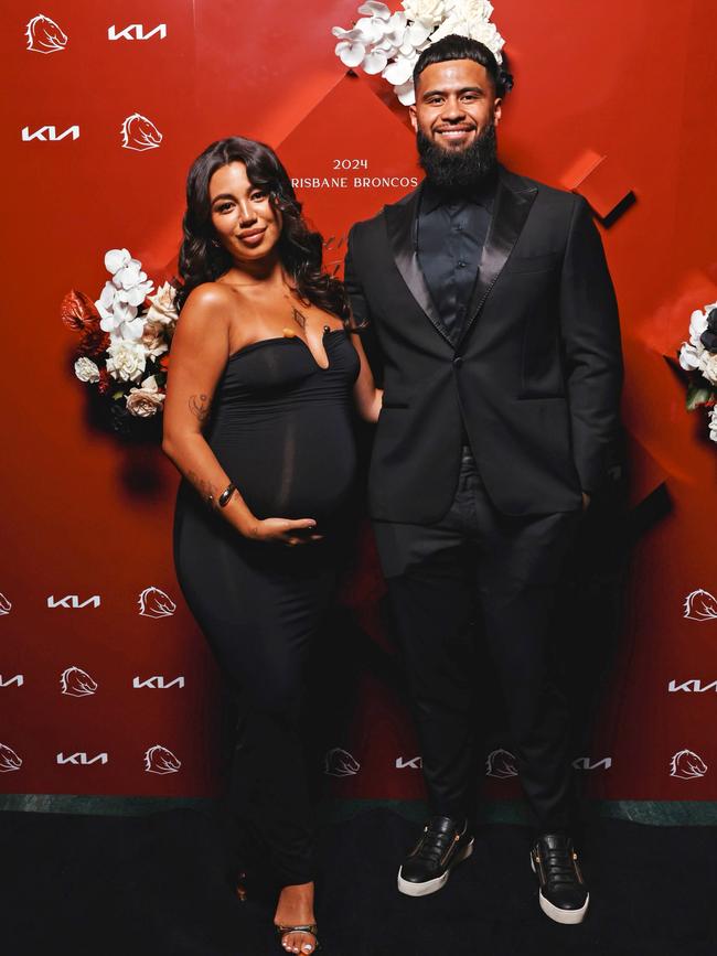 Payne Haas and pregnant partner Leilani Mohenoa at the Broncos Presentation Night. Photo: Supplied.