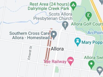 Residents of Allora's Neale Ave (red) are 'frustrated' with the state of their water grid and roads (Photo: Google Maps)