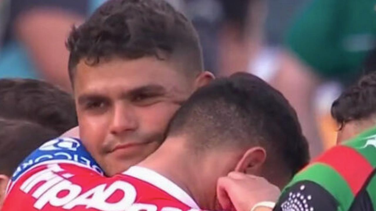 Latrell Mitchell comforted Tyrell Sloan after the Charity Shield. Picture: Supplied
