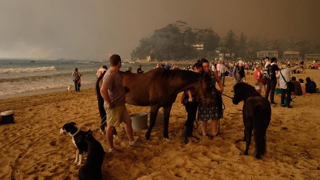 Gathered on the beach at Malua Bay as the fire roars closer.