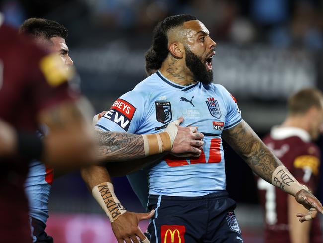 DAILY TELEGRAPH JULY 12, 2023. Josh Addo-Carr celebrating his try during the State of Origin game 3 between the NSW Blues and QLD Maroons at Accor Stadium, Sydney Olympic Park. Picture: Jonathan Ng