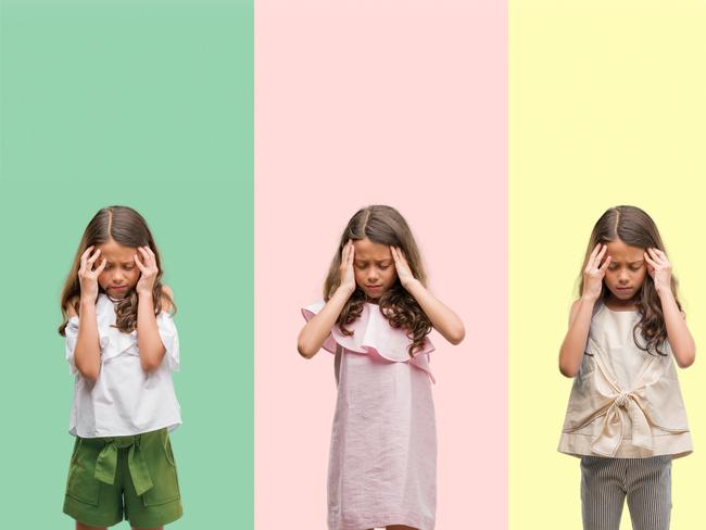 Collage of brunette hispanic girl wearing different outfits with hand on head for pain in head because stress. Suffering migraine.