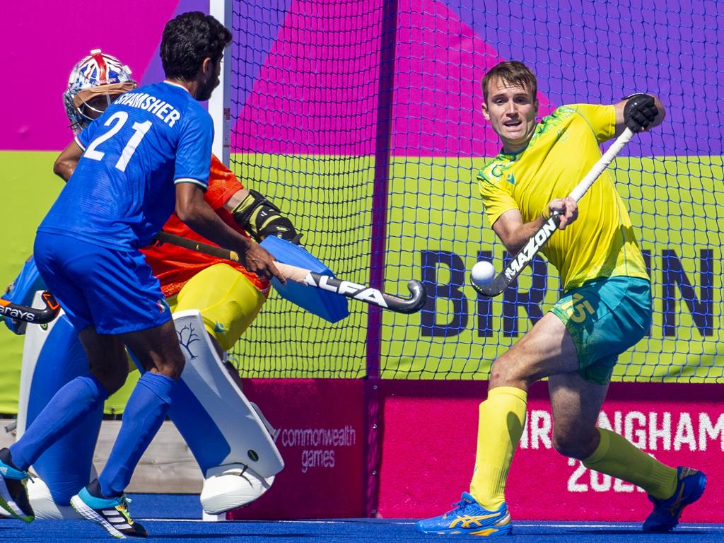 Josh Simmonds helps keep the Aussies’ blemishless Comm Games final in tact during the 7-0 win over India. Picture: Corbis/Getty Images