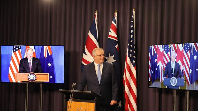 Scott Morrison with US President Joe Biden and UK PM Boris Johnson announce the AUKUS alliance. Picture: Newswire/Gary Ramage