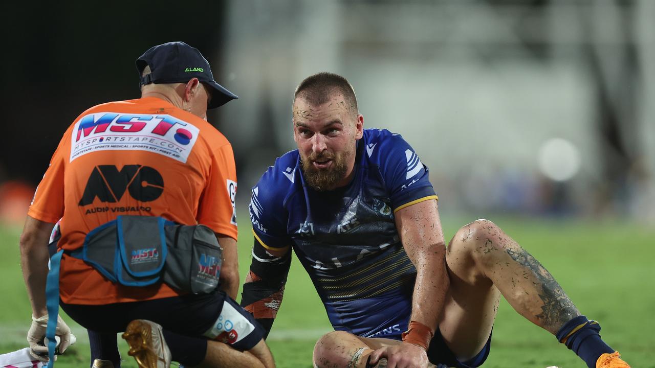 Clint Gutherson suffered an injury scare after colliding with Trai Fuller late in the game and finished the game hobbling off the field. Picture: Getty Images