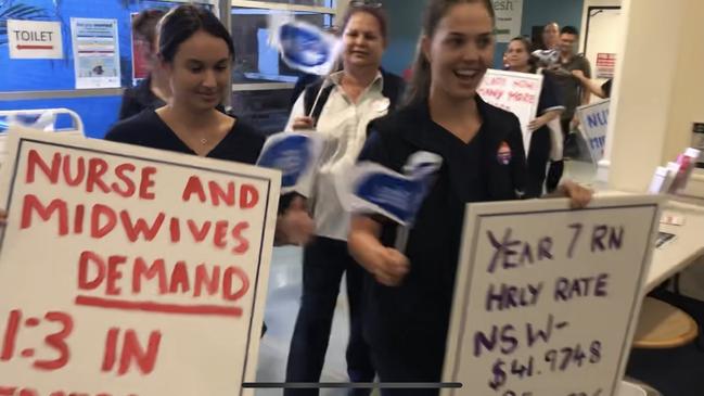 Nurses walking off the job at Tweed District Hospital on June 9, 2021.