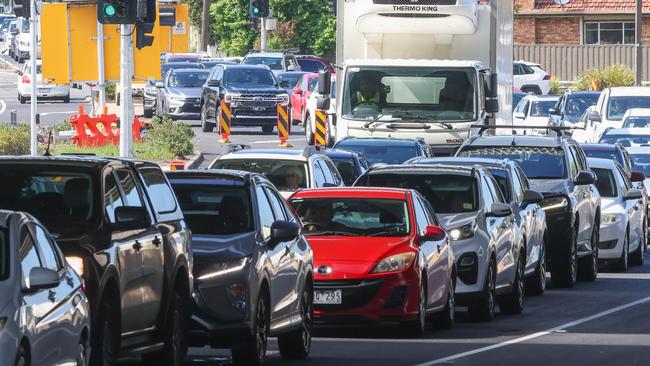 MELBOURNE, AUSTRALIA- NewsWire Photos DECEMBER 27 2023Traffic chaos on the Westgate bridge on the first day of lane closures.Three of the five in-bound lanes on Melbourne's West Gate bridge will be closed again this year from 9 pm Boxing Day until January 2nd. Last year there were extreme delays for motorists, with travel times exceeding an hour per kilometre at its worst.Picture: NCA NewsWire /Brendan Beckett