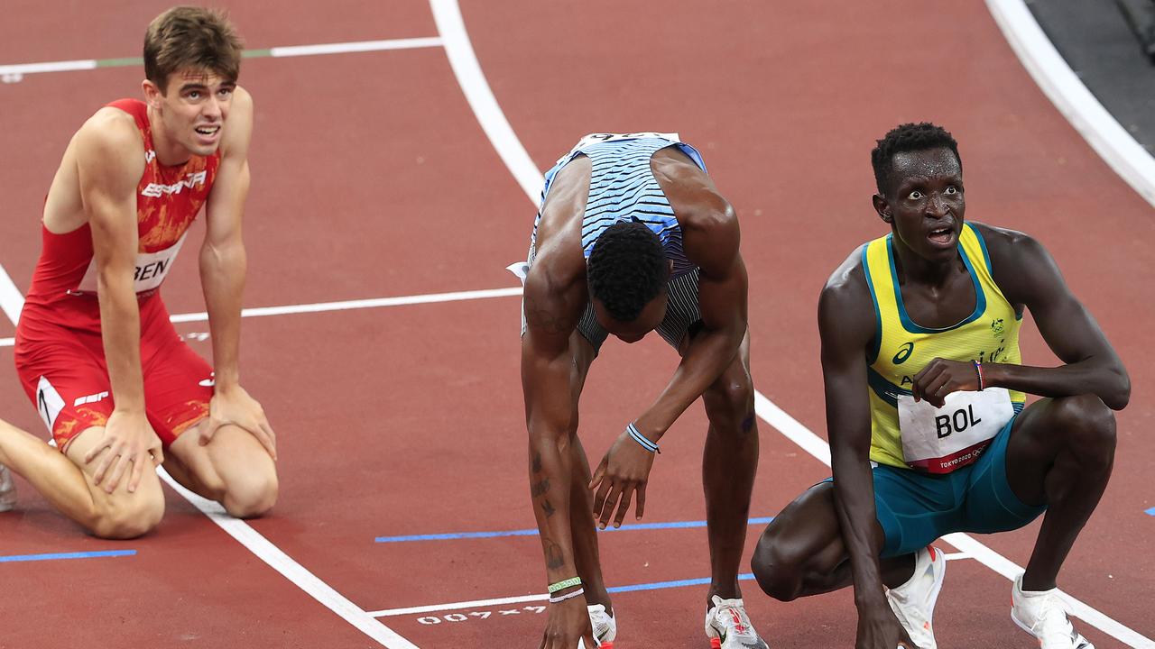 Peter Bol’s reaction after finishing fourth in the final. Picture: Adam Head