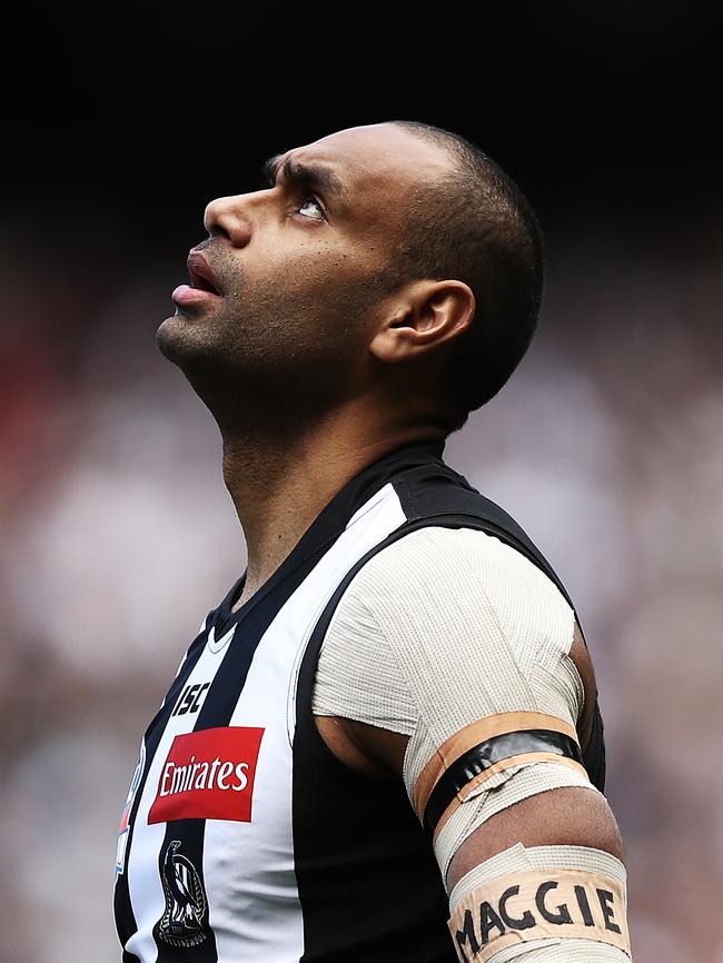 Travis Varcoe with his sister’s name on an arm band during this year’s AFL grand final between Collingwood and West Coast at the MCG. Picture: Ryan Pierse/AFL Media/Getty Images