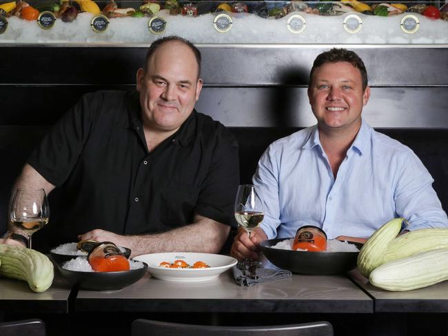 Wilson &amp; Market owner/chef Paul Wilson with Yarra Valley Caviar co-owner Nick Gorman. Picture: Nicole Cleary