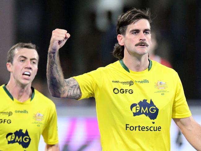 BHUBANESWAR, INDIA- JANUARY 24. FIH Odisha Hockey Men's World Cup 202329 Australia v Spain (QF). Flynn Ogilvie scored 1-2. Blake Govers (Photo by WorldSportPics/Frank Uijlenbroek)