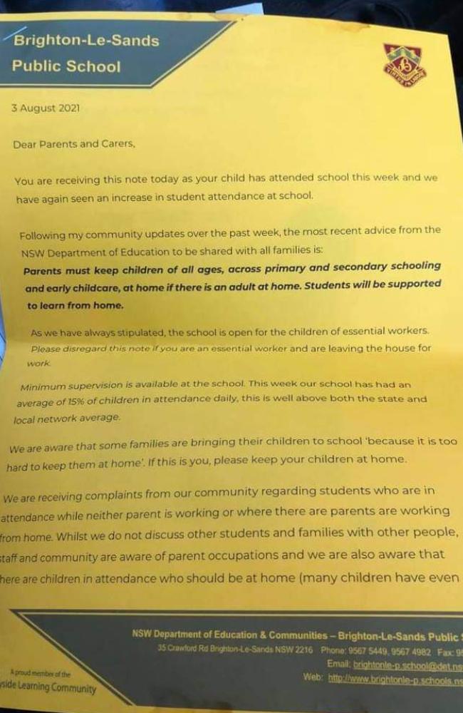 The letter given to parents at Brighton-Le-Sands Public School.