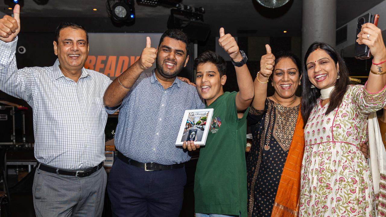 Vipul Nayyar, Hriday Nayyar, Reyansh Suneja, Honey Nayyar and Shikha Suneja at the Darwin Waterfront for the launch of the new book Life Chronicles: Experiences and Challenges. Picture: Pema Tamang Pakhrin