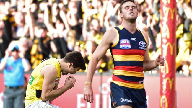 Richmond captain Trent Cotchin celebrates on the final siren of the 2017 AFL Grand Final as Brad Crouch wonders what could have been. Picture: Stephen Harman