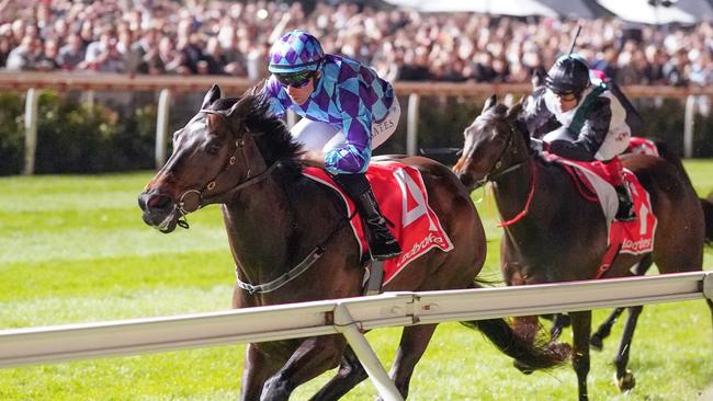 Pride Of Jenni ridden by Declan Bates wins the Ladbrokes Feehan Stakes at Moonee Valley Racecourse on September 27, 2024 in Moonee Ponds, Australia. (Photo by Scott Barbour/Racing Photos via Getty Images)