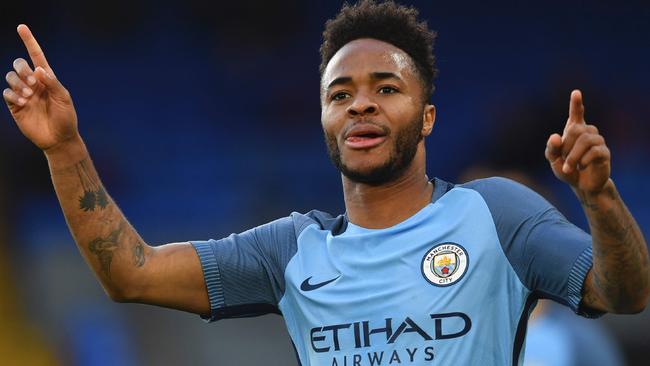 Manchester City's English midfielder Raheem Sterling celebrates scoring thei opening goal during the English FA Cup fourth round football match between Crystal Palace and Manchester City at Selhurst Park in south London on January 28, 2017. / AFP PHOTO / Ben STANSALL / RESTRICTED TO EDITORIAL USE. No use with unauthorized audio, video, data, fixture lists, club/league logos or 'live' services. Online in-match use limited to 75 images, no video emulation. No use in betting, games or single club/league/player publications.  /