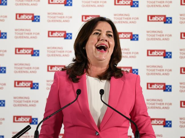 Queensland Premier Annastacia Palaszczuk gives her victory speech after her state election win in October. Picture: NCA NewsWire / Dan Peled