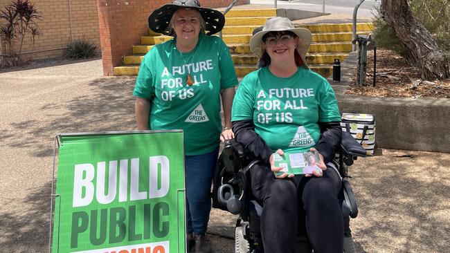 Greens candidate Emma Buhse and a volunteer outside the Senior Citizens Centre on election day. Picture: Kirsten Parslow