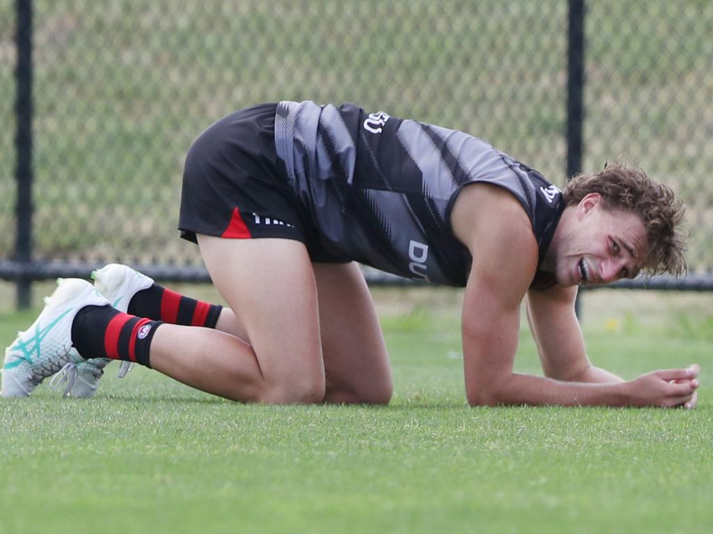 Harrison Jones rolled his ankle during the four-quarter session. Picture: David Crosling