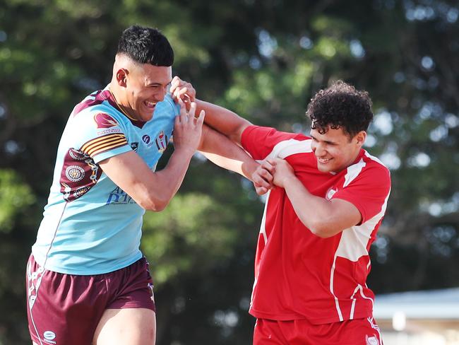 Arama Hau from Keebra Park (left) and Tanu Nona from Palm Beach Currumbin renew the rugby league rivalry ahead of their Langer Trophy clash at Pizzey Park. Picture Glenn Hampson.