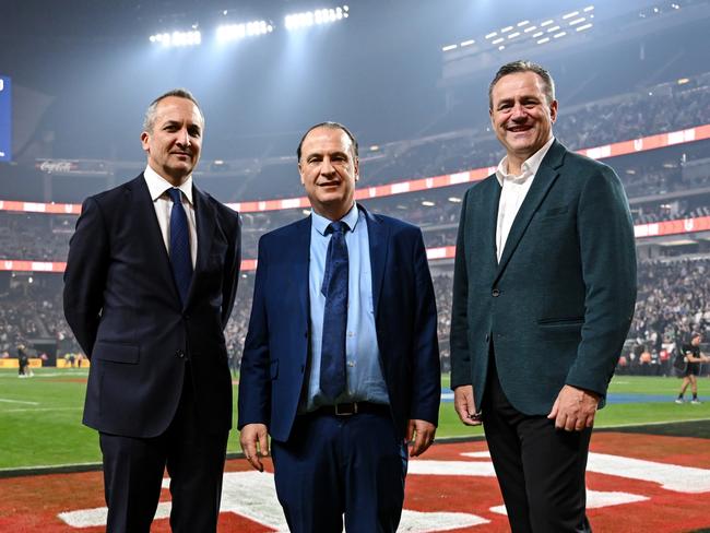 LAS VEGAS, NEVADA - MARCH 02: Andrew Abdo, Peter V'Landys and Steve Kamper. Allegiant Stadium round one, NRL match between Manly Sea Eagles and South Sydney Rabbitohs at Allegiant Stadium, on March 02, 2024, in Las Vegas, Nevada. Picture: NRL Photos