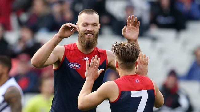 Max Gawn and Jack Viney celebrate a goal this year for Melbourne. Picture: Michael Klein