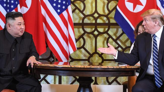 Donald Trump and Kim Jong-un at the second US-North Korea summit in Hanoi. Picture: AFP.